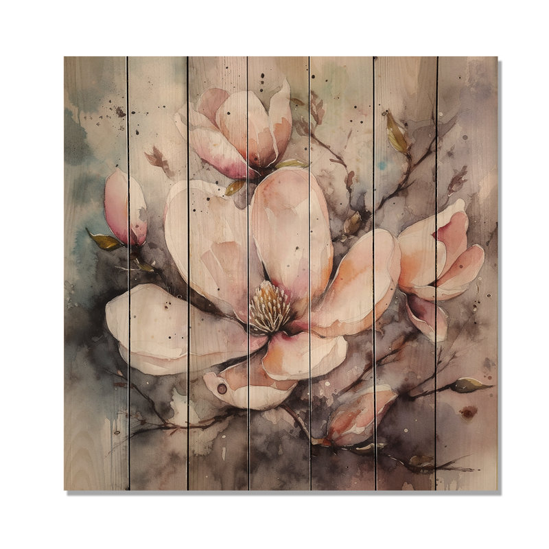 Rose Magnolia Symphony I - imprimé floral de magnolias sur bois de pin naturel, H 15 po x l 15 po x P 0,78 po