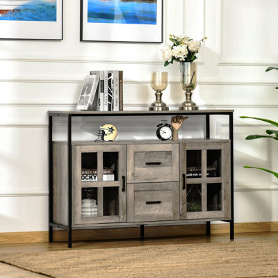 Buffet industriel, armoire de bar avec tablettes réglables, portes en verre et 2 tiroirs pour le salon