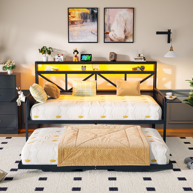 Daybed With Trundle, Heavy Duty Metal Twin Bed Frame With Led Lights & 2-tier Storage Shelves, Black