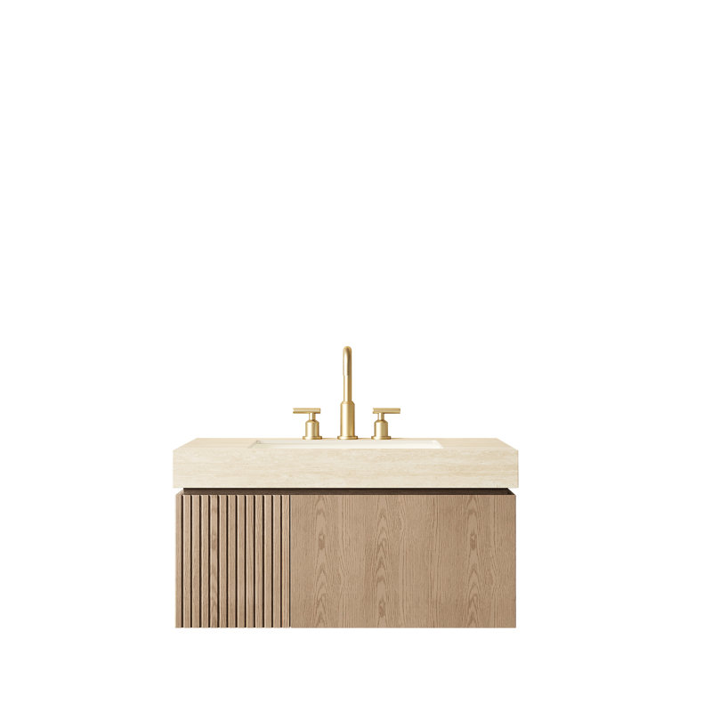 Meuble-lavabo flottant en contreplaqué de 91 cm (36 po), comptoir en pierre frittée, lavabo en céramique, 3 trous prépercés pour robinetterie, beige, meuble assemblé, comptoir brun, fermeture amortie, installation facile.