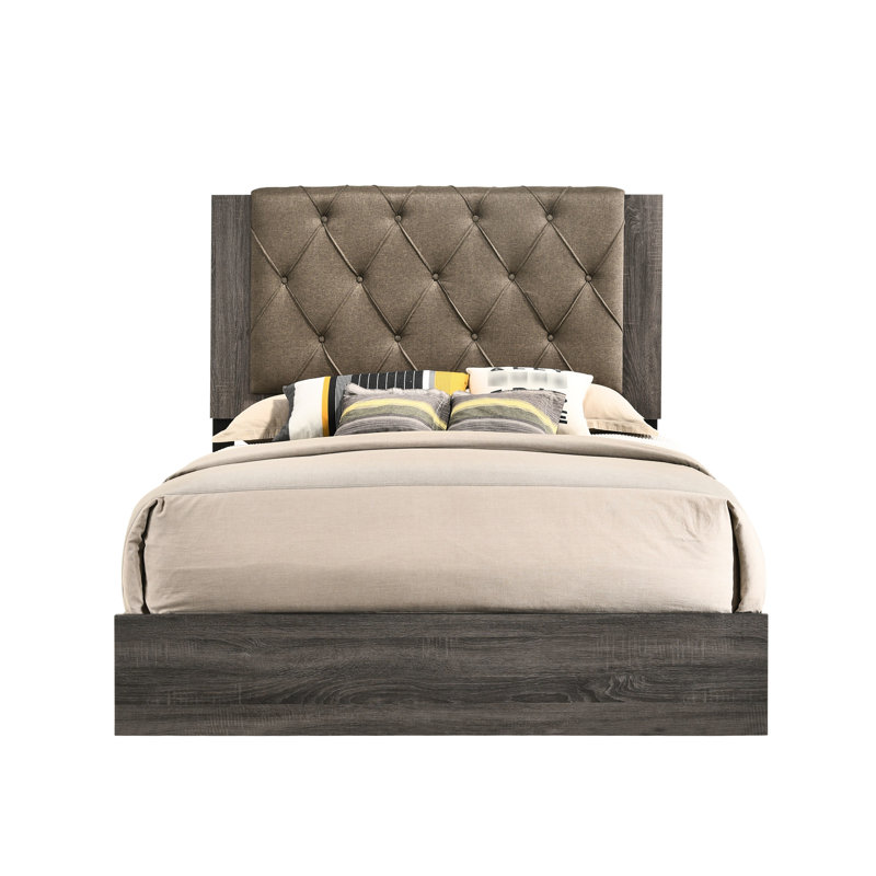 Lit tête de lit capitonné en tissu de style chêne gris rustique, structure en bois, pieds fuselés, 4 lattes, pièce indispensable pour le sommier, capacité de charge de 660 lb, espace libre au sol de 4 po, profondeur de 79 po,