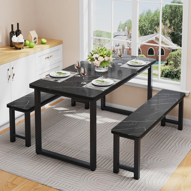 3-Piece Industrial Style Dining Table & Bench, Furniture Set For Home Kitchen, Marble Veneer,Black
