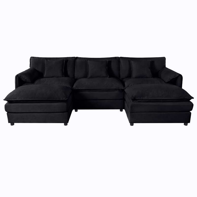 Canapé modulaire modulaire en forme de U, siège profond surdimensionné, canapé 3 places avec 2 repose-pieds mobiles, combinaison de bricolage - chenille - noir