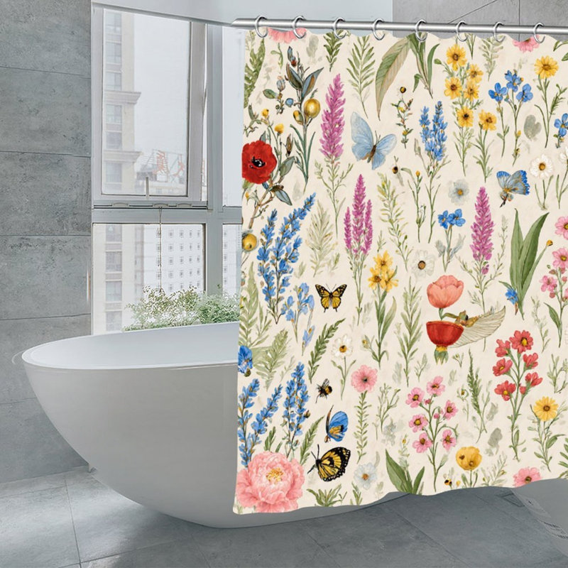 Rideaux de douche floraux et papillons pour salle de bain, 71 × 71, Beige / floral 1