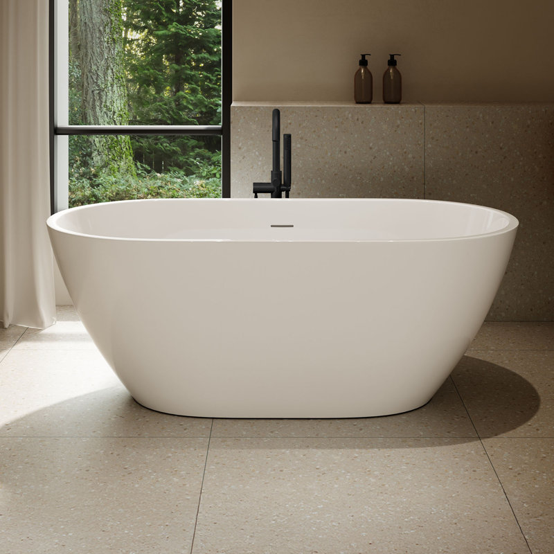 Ayago 59.06" x 28.35" Solid Surface Freestanding White Acrylic Soaking Bathtub, with Overflow and Matte Black Pop-up Drain