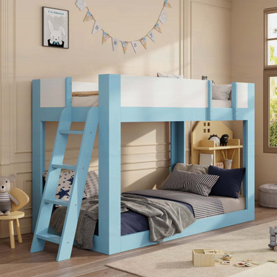 Lit simple superposé simple avec échelle réversible et garde-corps de sécurité, idéal pour économiser de l'espace et la sécurité des enfants, bleu et blanc
