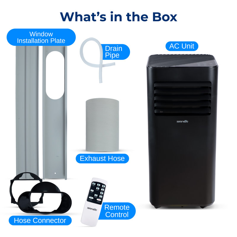 Climatiseur compact portatif Serenelife SLPAC19B 10 000 BTU-3-en-1 pour une pièce jusqu'à 320 Pi. - Unité CA à plancher avec télécommande - Roulettes universelles, ensemble de fixation de fenêtre, noir