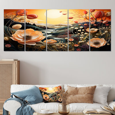 Blooming Poppies River Sunset - Poppy Wall Art Set 5 Piece