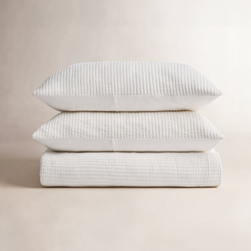 Ribbed Matelassé Cotton Coverlet Set, King Quilt + 2 King Shams, Bright White