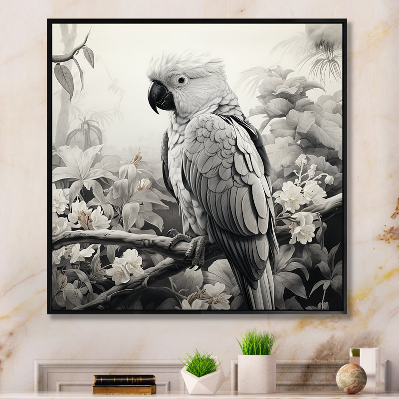 Gris gris, perroquet tropical Grace I - art mural perroquet, Cadre photo noir, H 36 po x l 36 po x P 1,5 po