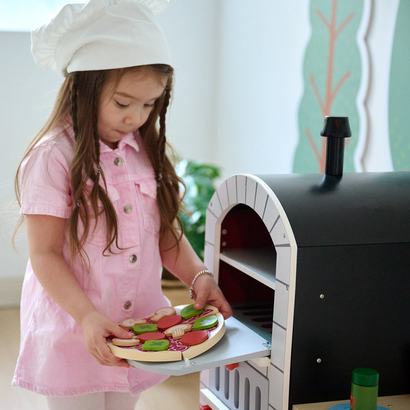 Teamson Kids My Little Helper Pizza Oven with 24 Accessories – Rolling Wooden Pretend Play Kitchen Set