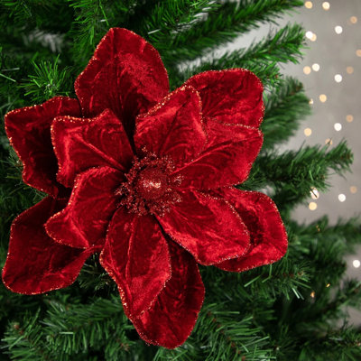 12-Pack Large Glitter Christmas Magnolia Flowers with Pearls, 12" Artificial Velvet Flowers for Tree, Wreath, Vase