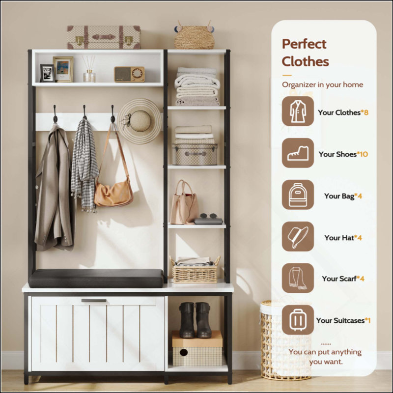 Hall Tree Coat Rack, Hall Tree With Bench And Shoe Storage, Mud Room Storage Furniture, White/Black