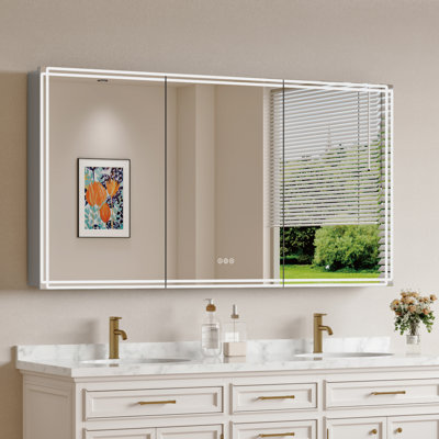 60" W X 32" H Alita Silver Aluminum Frame Recessed/Surface Mount Medicine Cabinet with Anti-Fog Mirrors, 3 Color Temperatures Dimmable Lights and Adjustable Glass Shelves for Makeup, Shaving or Bathroom Vanity Storage