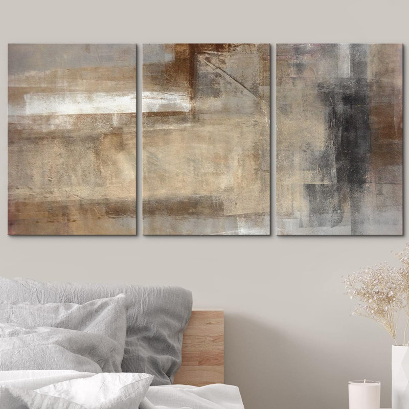 Grunge Abstract Paint Stroke Effect "Neutral Tan Brown Artwork, Rustic Living Room Wall Pictures, Large Framed Canvas Giclee Print 3 Pieces Wall Art Set" 16"x24"x3 pcs, 24"x36"x3 pcs