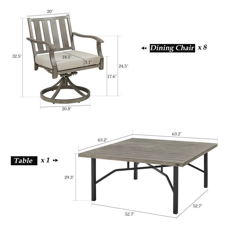 Azur Square 8 - Person 63.2" Long Dining Set with Sunbrella® Cushions