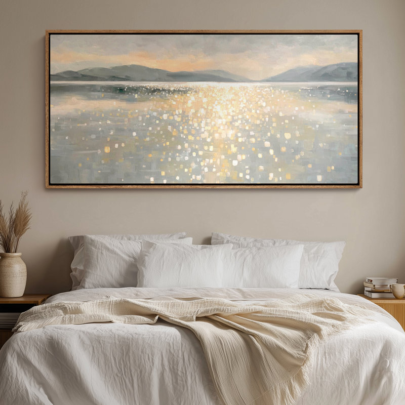 Framed Canvas Wall Art - Serene Lake Horizon with Golden Light Reflection - 16"x24", 24"x36", Natural, 30" H x 60" W