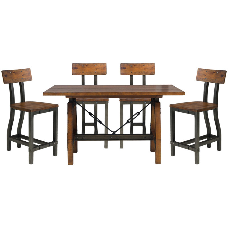 Ensemble de salle à manger rustique industriel 5 pièces, table à hauteur de comptoir et 4 chaises, bois multicolore de la collection