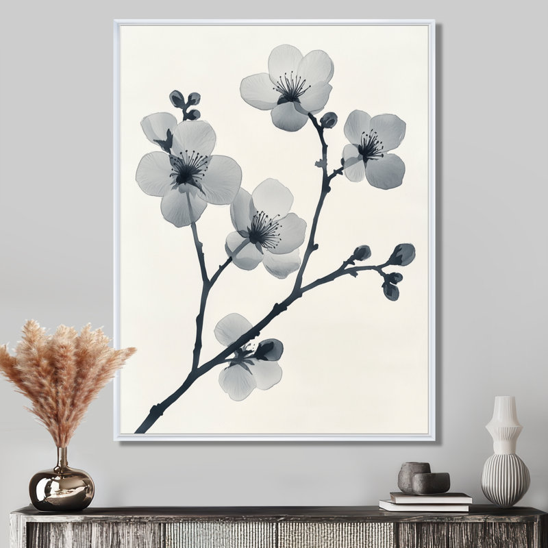Branche grise murmurante - Tableau encadré en forme de fleur de cerisier, H 40 po x l 30 po, Cadre flottant blanc