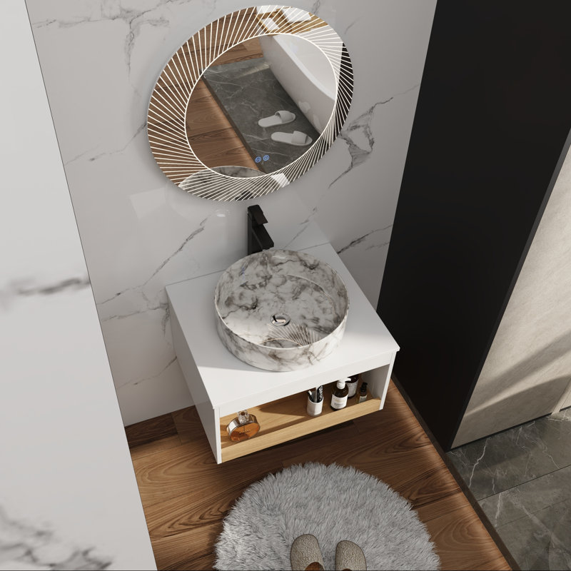 Meuble-lavabo mural 24 po avec lavabo rond et rangement ouvert, Marble White
