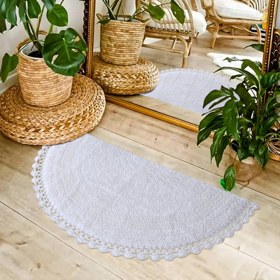 Half Circle Bohemian Bathroom Rug – Handwoven Crochet Border, 100% Cotton, Machine Washable 22x42