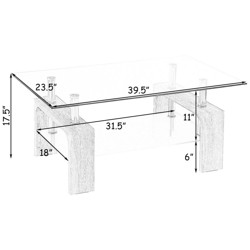 Rectangular Tempered Glass Coffee Table with Shelf, Black, Gray
