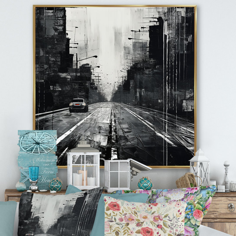 «Cityscape Road Expression I» sur fond noir et blanc, Cadre flottant doré, H 16 po x l 16 po x P 1 po