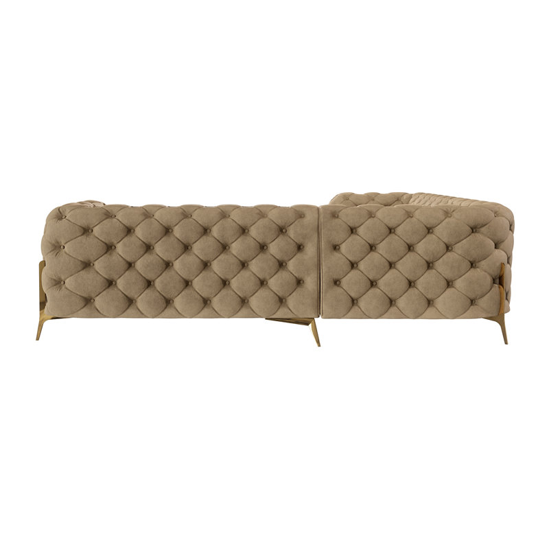 L-shape Corner Chesterfield Sofa  with Gold Metal Legs, Beige