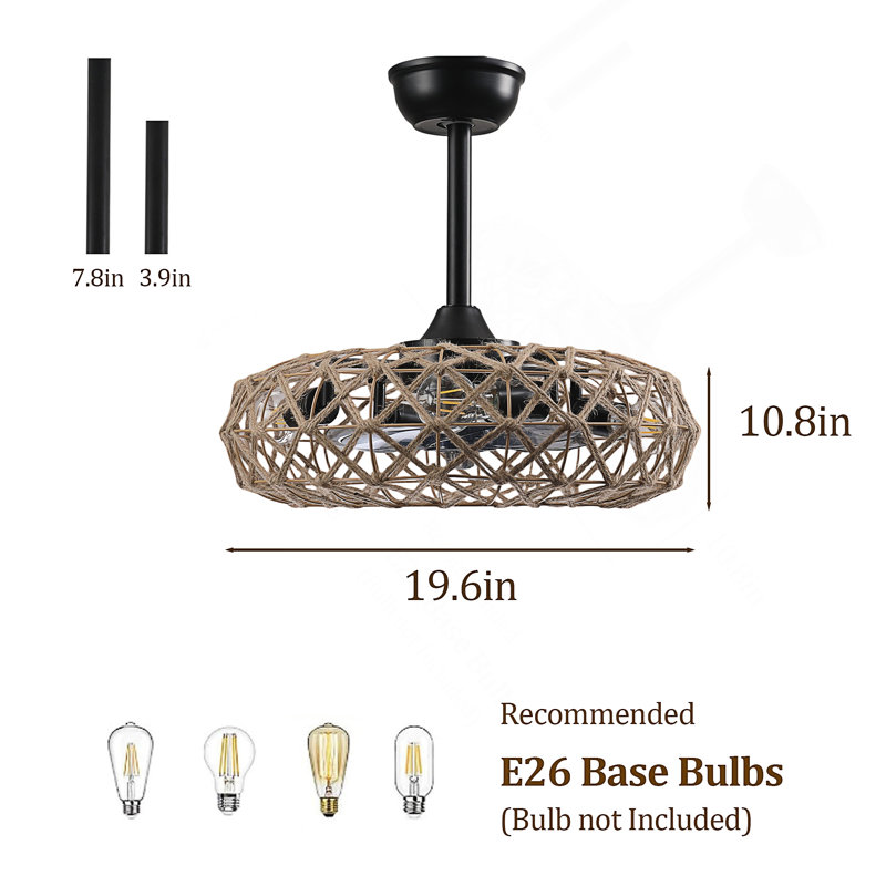 19" Hemp Rope Woven Ceiling Fan, Dimmable, 7 Blades, Reversible DC Motor.