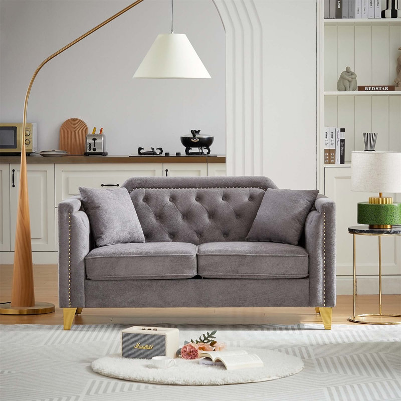 " mid-century modern chenille sofa | tufted buttons & copper nail armrest | 2 pillows | metal legs | stylish living room couch