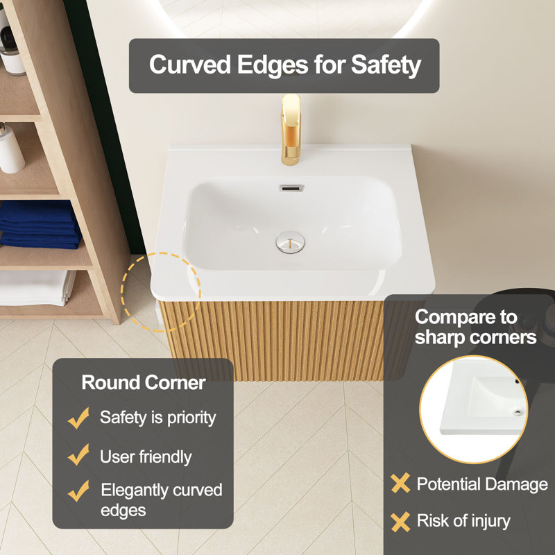 Meuble-lavabo flottant rayé 24 po avec lavabo en céramique blanche 24 po, Chêne naturel