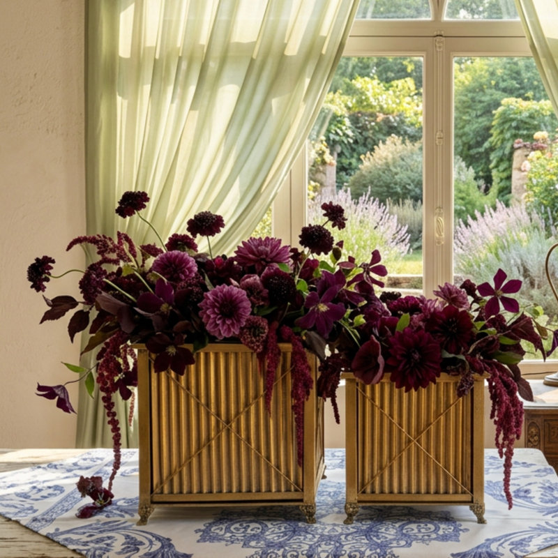 Jardinières treillis dorées antiques, lot de 2