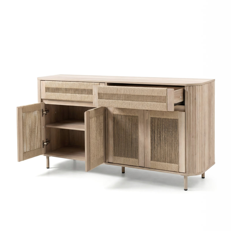 Cord Sideboard with 2-Drawer, 4 Doors and Shelves for Living Room, Kitchen, or Entryway, Natural