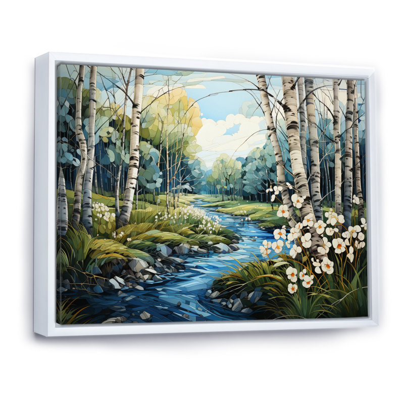 " Birch Woods Whispering Winds VIII " Mixed Media Print, 16" H x 32" W x 1" D, White Floater Framed