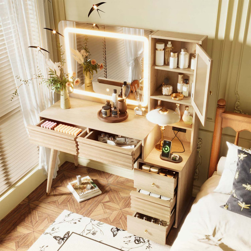 Meuble-lavabo 45,9 po avec miroir, lumières, 5 tiroirs, armoire en verre cannelé et station de charge, finition naturelle