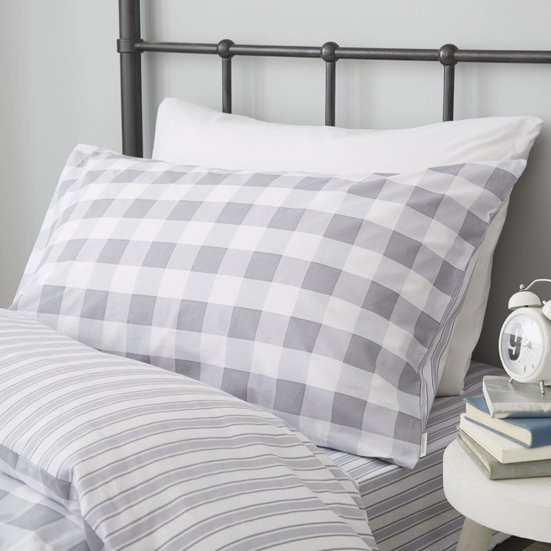 Check and Stripe Reversible 100% Cotton Duvet Cover Set with Pillowcases, Grey, Single - 2 Standard Pillowcases