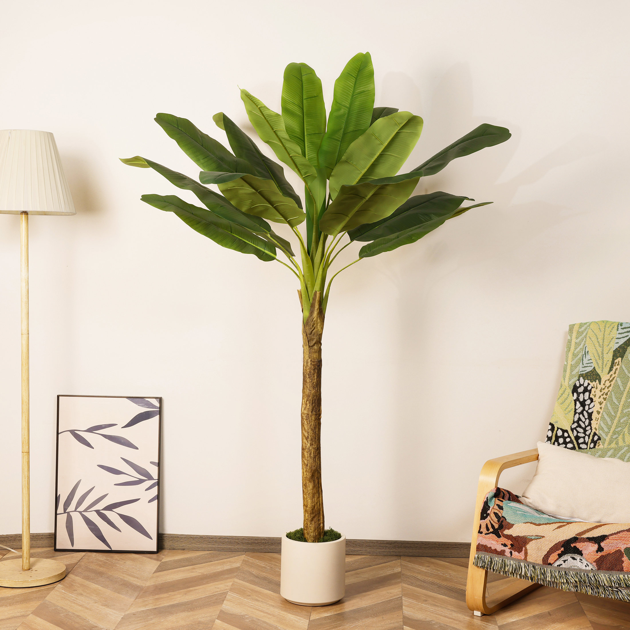 Primrue Faux Banana Tree in Large White Planter, Lifelike Fake Green