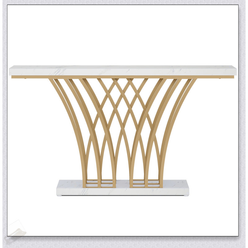 59 Inch Gold Console Table, Modern Faux Marble Entryway Table With Grid Metal Base, Narrow Accent Sofa Table For Living Room, Hallway, Foyer(No Mirror Included)