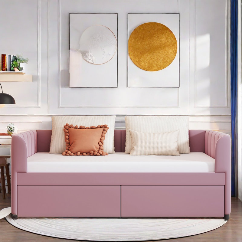 Aliasa Upholstered Daybed with Ergonomic Design Backrest and 2 Drawers, Pink