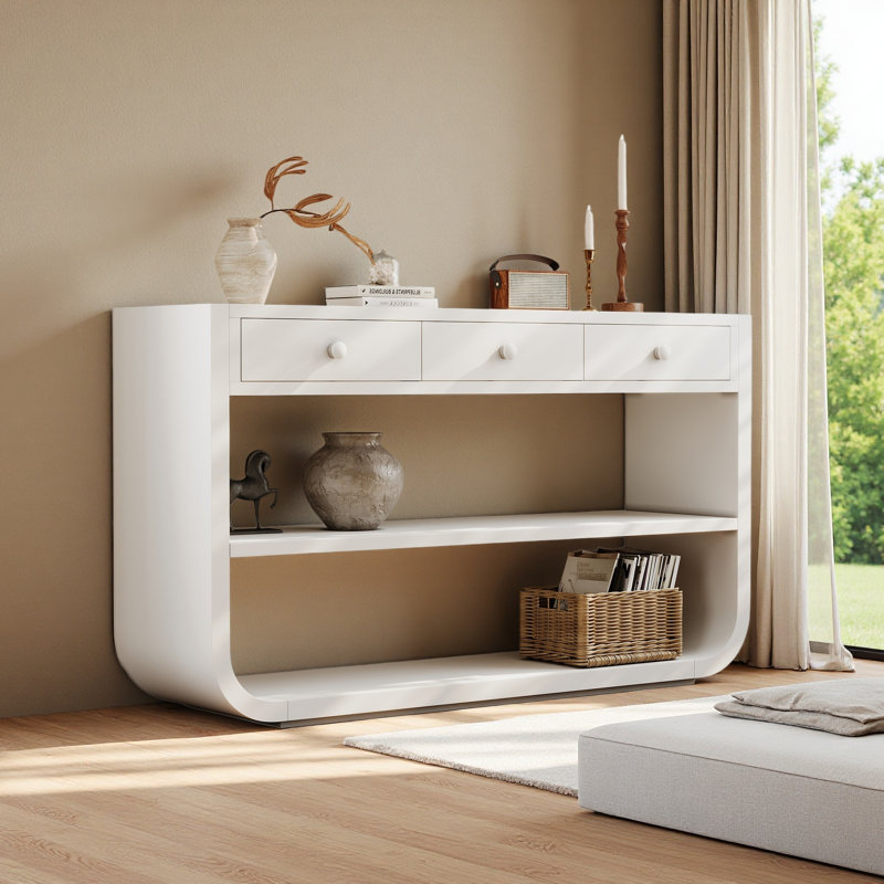 Console moderne avec 3 tiroirs à fermeture en douceur et 2 tablettes ouvertes, Blanc