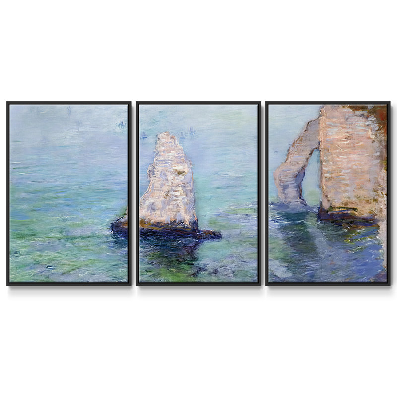 The Rock Needle et Porte D'Aval, Etretat. 1885 - 3 pièces, reproduction encadrée sur toile, H 24 po x l 48 po x P 2 po, Noir
