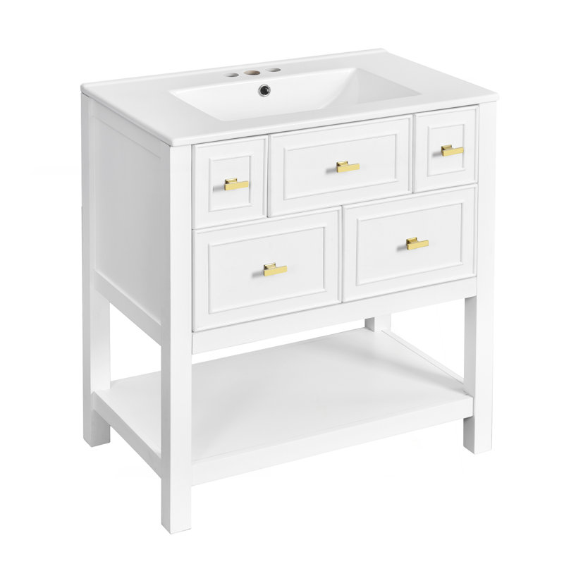 Ensemble de meuble-lavabo simple 30 po avec 5 tiroirs, meuble-lavabo autoportant avec cadre en bois massif 30 po, blanc