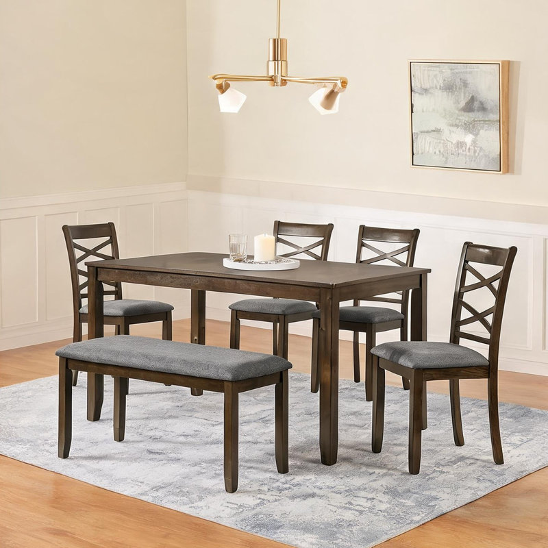 Ensemble de salle à manger 6 pièces brun riche avec table rectangulaire, 4 chaises et banc pour les cuisines et les salles à manger