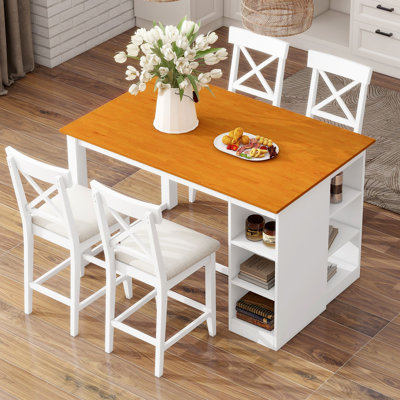 Solid Wood Farmhouse Counter Height Dining Table Set with 3-Tier Storage Shelves, Upholstered Dining Chairs for 4, 5-Piece