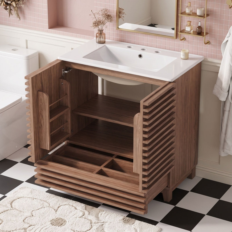 Freestanding Standard Free Standing Single Double Single Vanity Bathroom Vanity With Ceramic Top, Walnut Brown