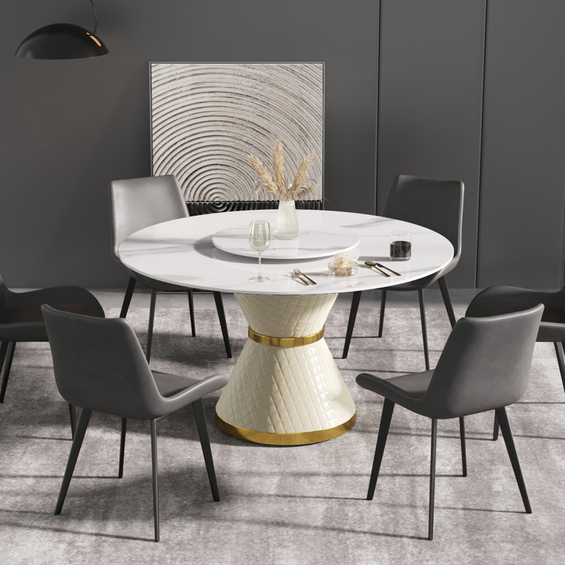 Patsy Round Dining Table with Rotating Tray, White, 29.5" H x 53" W x 53" L