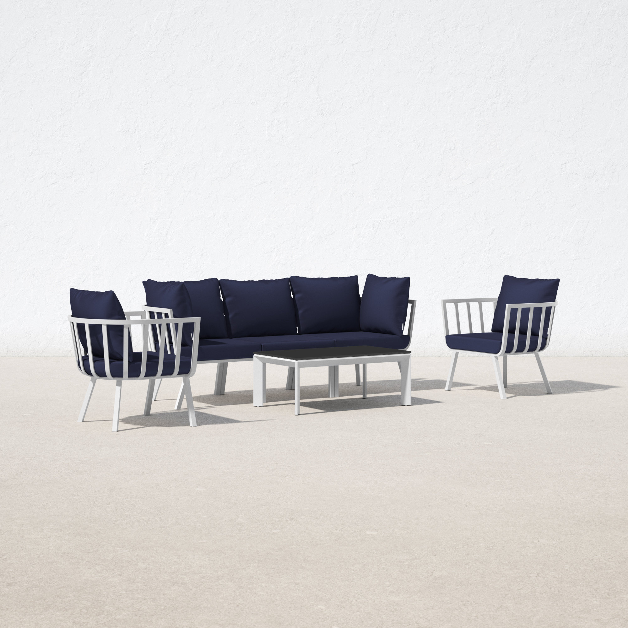 Riverside 5 Piece Outdoor Patio Aluminum Set, White Frame/Navy Cushion