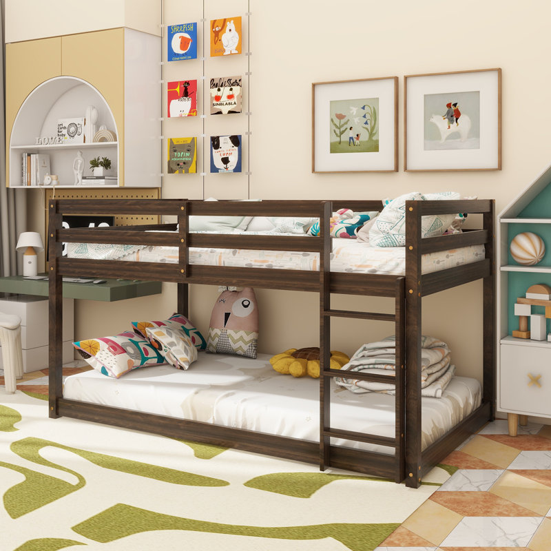 Solid Wooden , Solid Rubber Wooden Twin Over Twin Floor Bunk Bed With Ladder ,Upper And Bottom Bed Platforms Crafted With Strengthened Slats ,Espresso