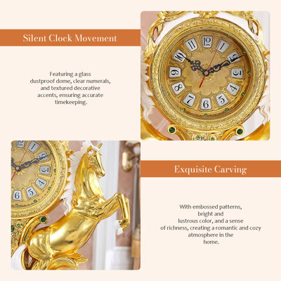 Gold Vintage Elegant Floor Clock with Double Horse Sculpture, Resin Electroplated Decorative Clock