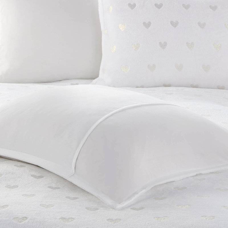 4 pièces grand édredon cœur blanc / doré métallique, rembourrage en microfibre douce, imprimé blanc / or sécuritaire sur la peau, revers en microfibre, - peau, preuve